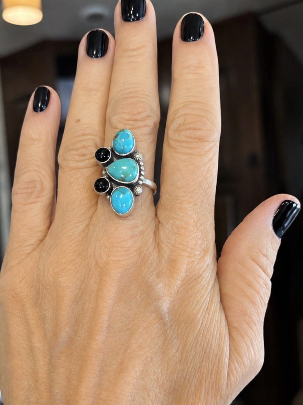 Heavy Sterling Silver Turquoise & Black Onyx Statement Ring Adjustable Size 7-9